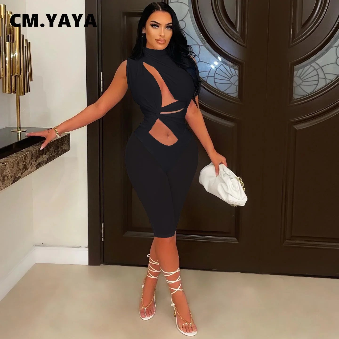 CMYAYA Women 2022 Sexy Party Playsuit Cut Out Mesh Patchwork Tie Waist Stretch Knee Length Jumpsuit Oversized One Piece Set black