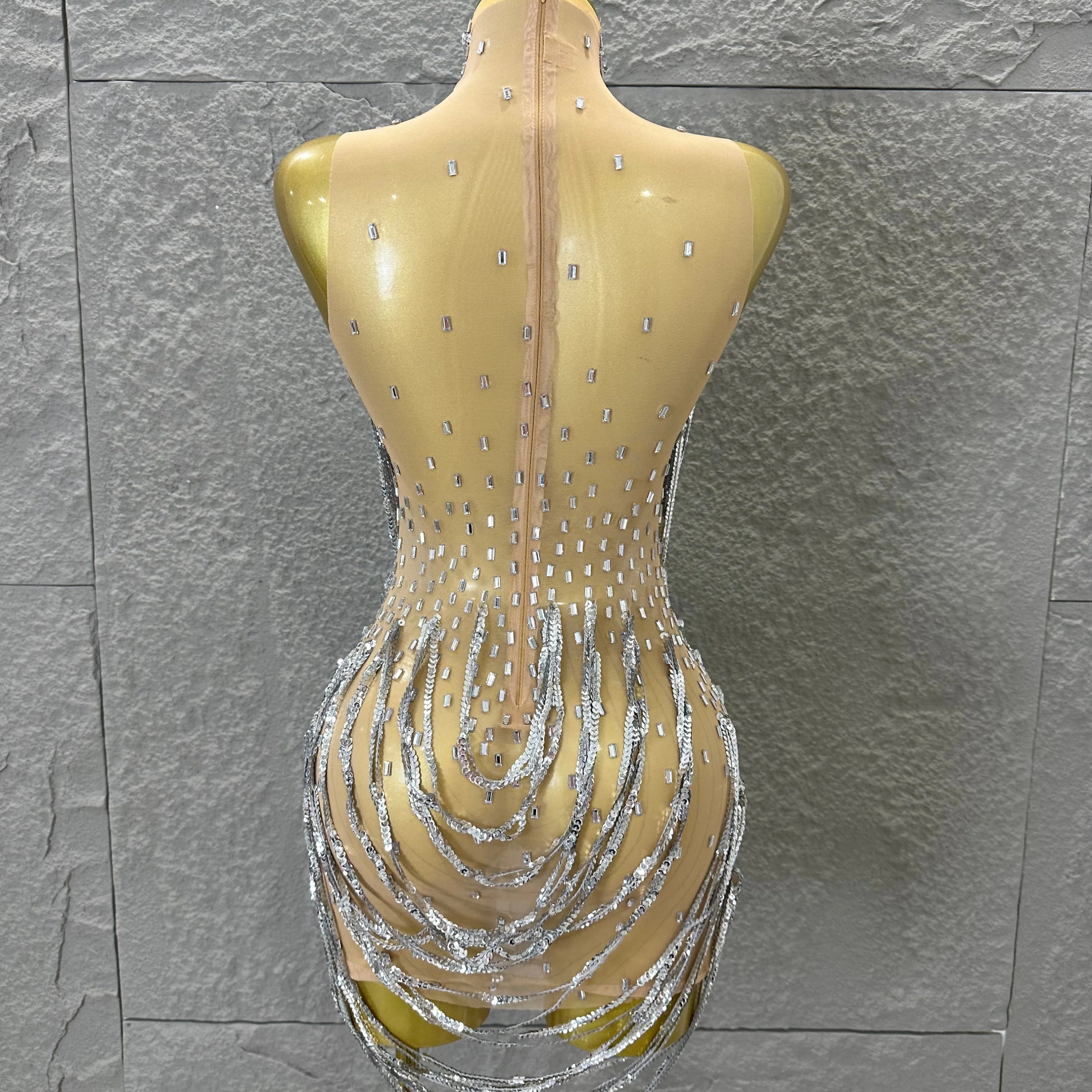 Glamorous Silver Sequined Layered Chain Mesh Dress Women Sexy High Neck Sleeveless Bodycon Stage Performance Costume