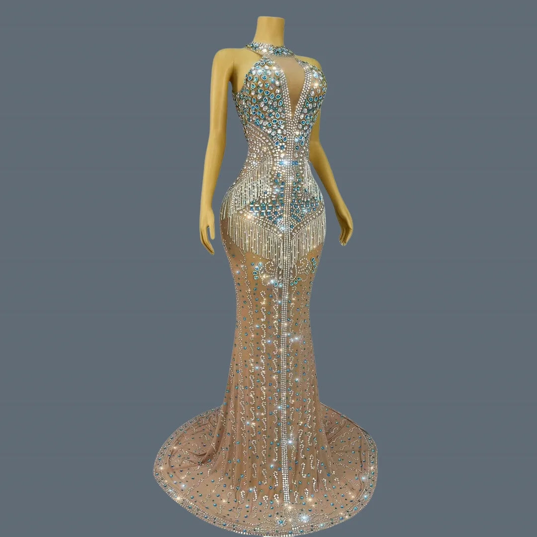 High-end Evening Gown Sparkly Diamonds Sheer Mesh Floor-length Dress Luxury Crystals Tassel Birthday Prom Ball Dress Lancaihua