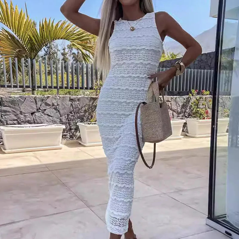 Sexy Jacquard Bodycon Wrap Dresses Chic Women Sleeveless O-neck Temperament Party Dress New Elegant Solid Split Long Dress 2024