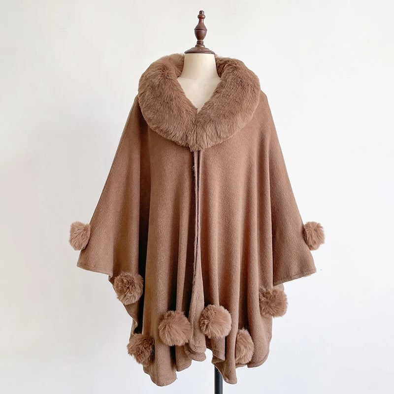 Winter New Thicken Mink Wool Full Trims Faux Fur Cape - Women's Hooded Loose Fleece Cloak Coat for Party Dress Wraps Warm Brown