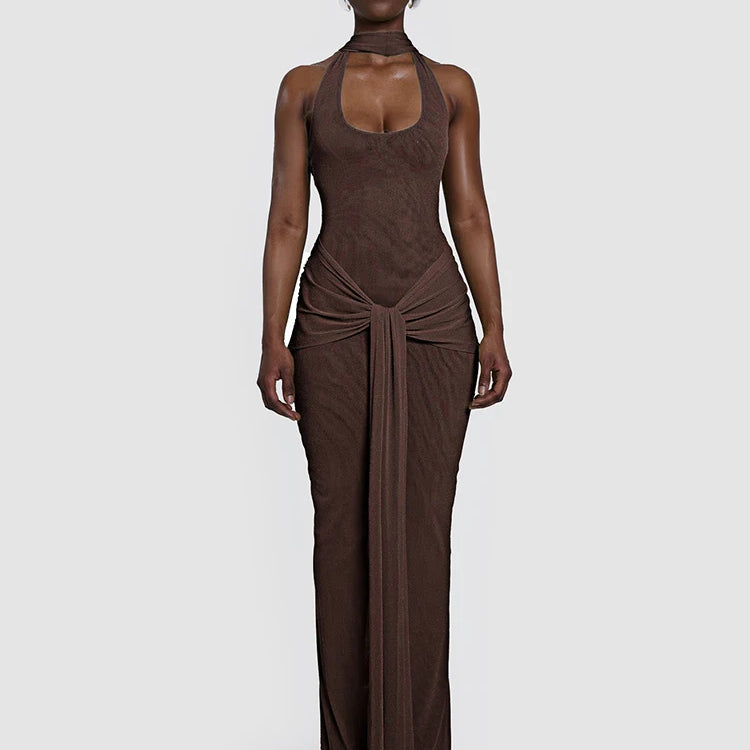 Sleek Modern Brown Halter Backless Maxi Dress with Waist Tie Drape Details for Party Evening Gown