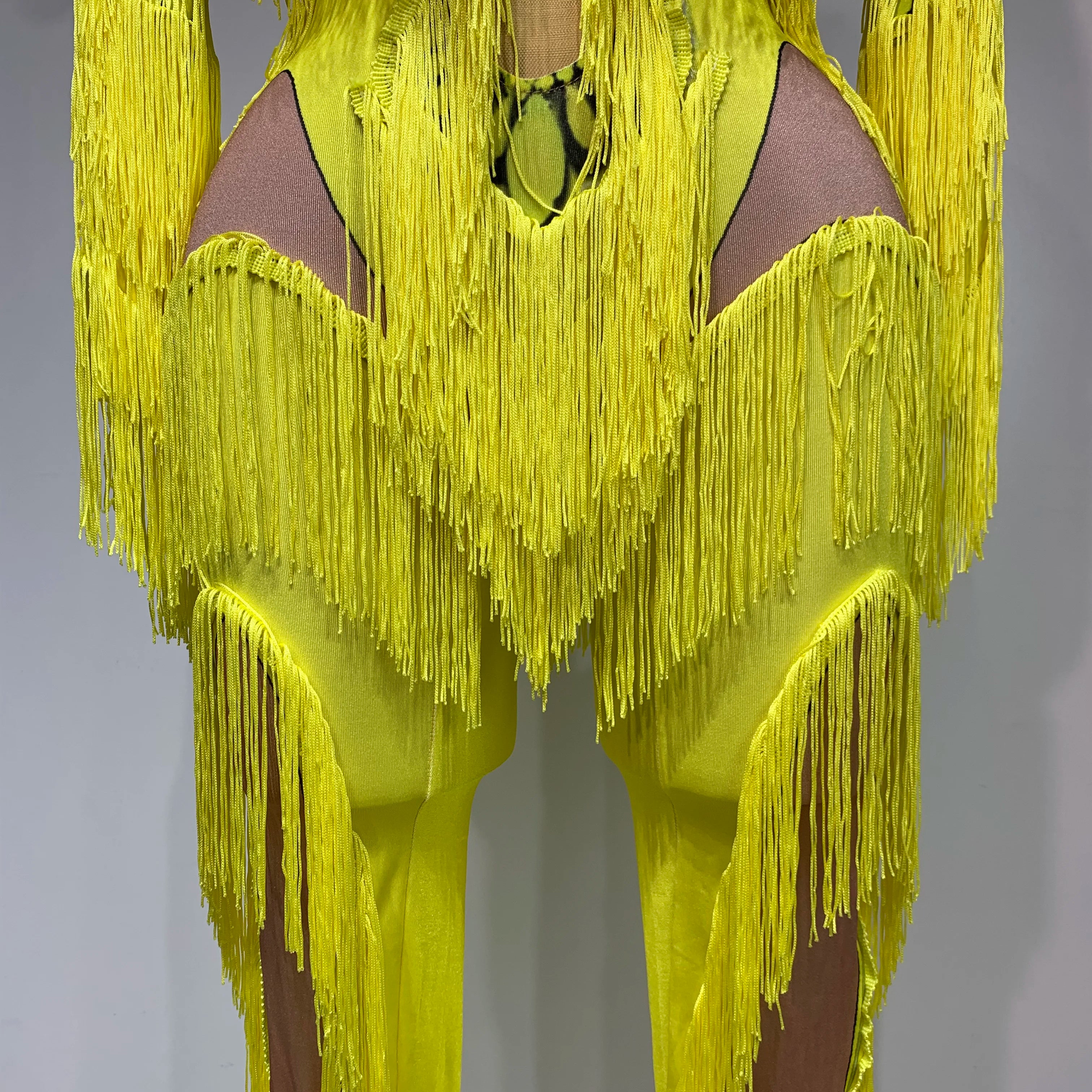 Yellow Tassel Stretch Bodycon Jumpsuit Nightclub Gogo Dance Clothing Dj Rave Outfit Nightclub Party Singer Performance Outfit
