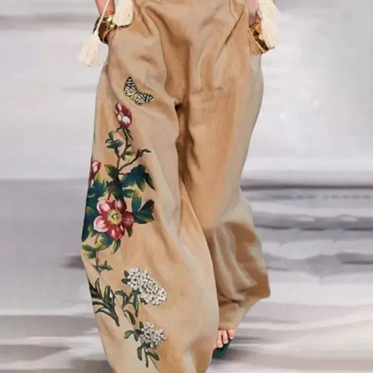 Krisnanas Women's Cotton and Linen Pants Fashion Pockets Flower Print Elasticity Belted Wide Leg Loose Trousers Pants