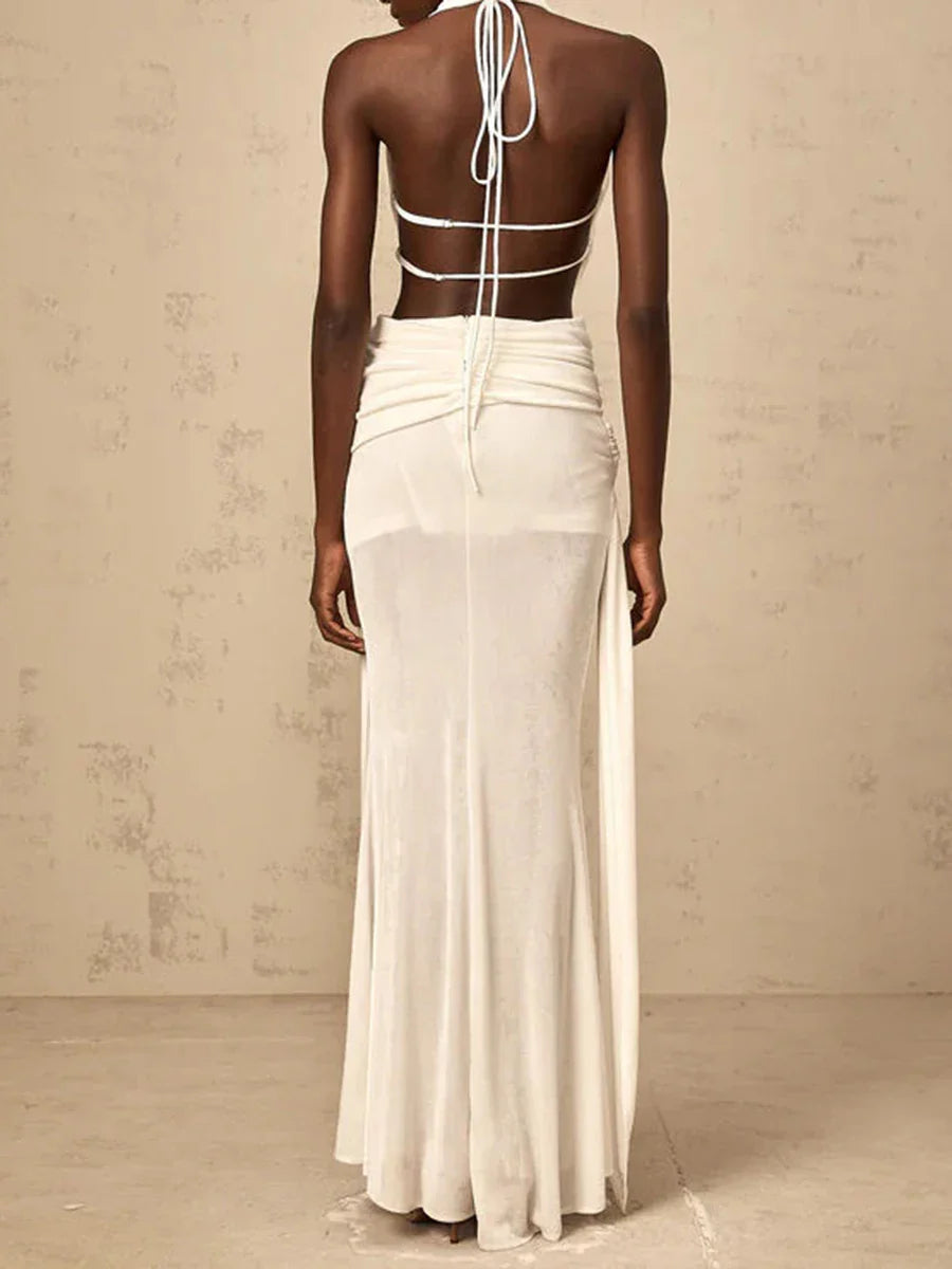 Solid Slimming Spliced Hollow Out Dresses for Women Halter Neck Sleeveless Patchwork Sheer Midi Dress Female New