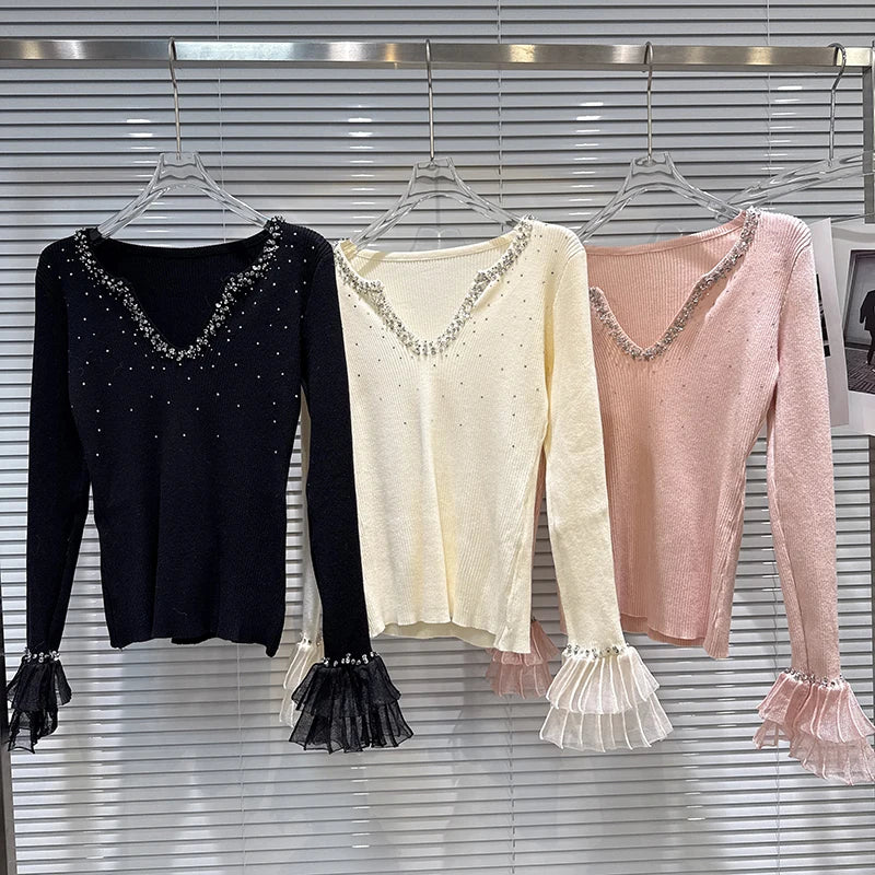 Winter New Sweet Temperament V-Neck Rhinestone Flower Bud Cuff Knitted Sweater For Women Slim Fit Pullover 11A07821