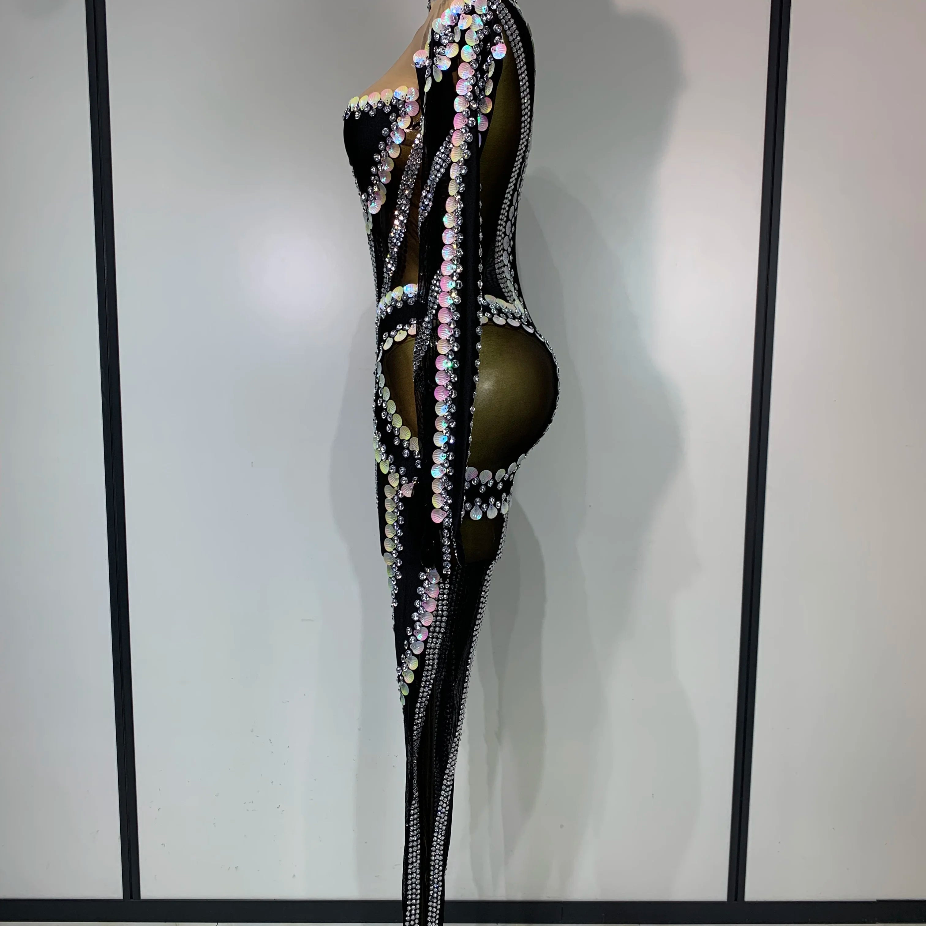 Women Sexy Long Sleeve Sparkly Crystal Sequin Mesh Jumpsuit Nightclub Cos Party Dancer Performance Costume Stage Outfit