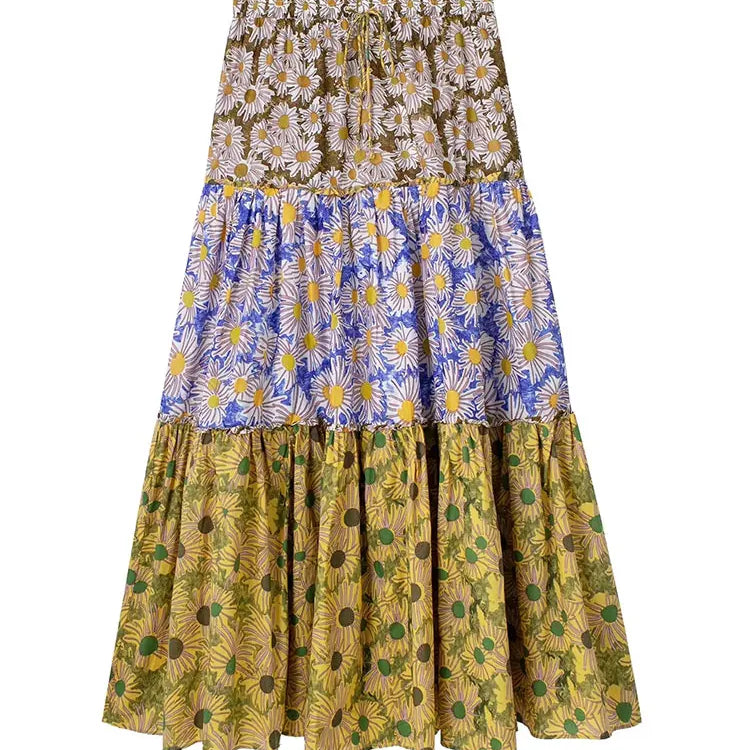 TRAF Women Fashion Printed Pleated Midi Skirt Vintage High Elastic Waist With Drawstrings Female Skirts Mujer casual clothes as picture1