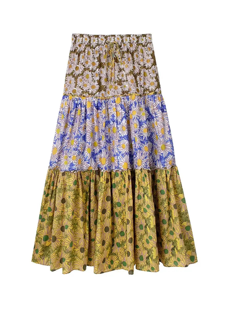 TRAF Women Fashion Printed Pleated Midi Skirt Vintage High Elastic Waist With Drawstrings Female Skirts Mujer casual clothes as picture1