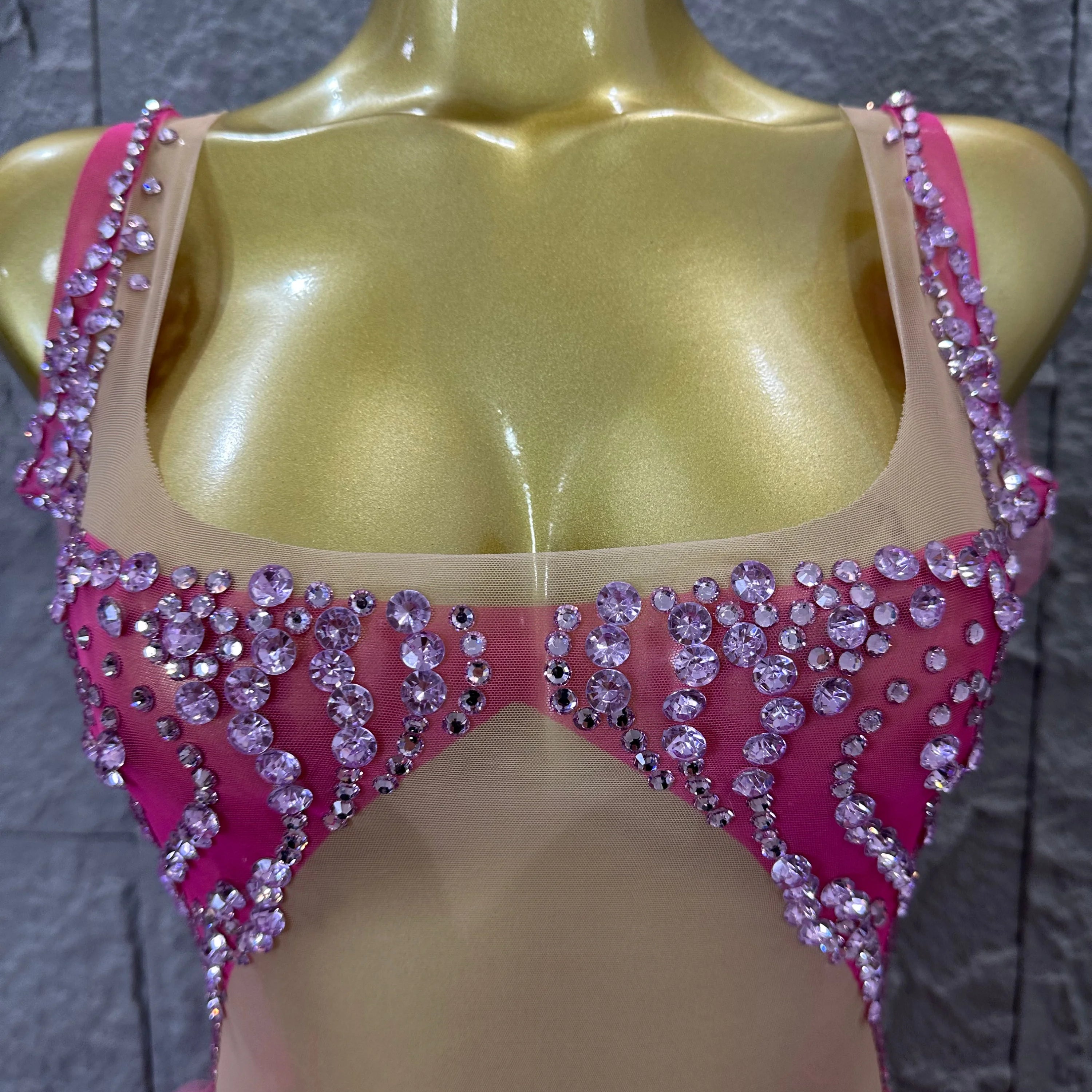 Women Sheer Mesh Rhinestone Ruffle Embellished Latin Dance Performance Costume Elegant Pink Spaghetti Strap Mini Dress