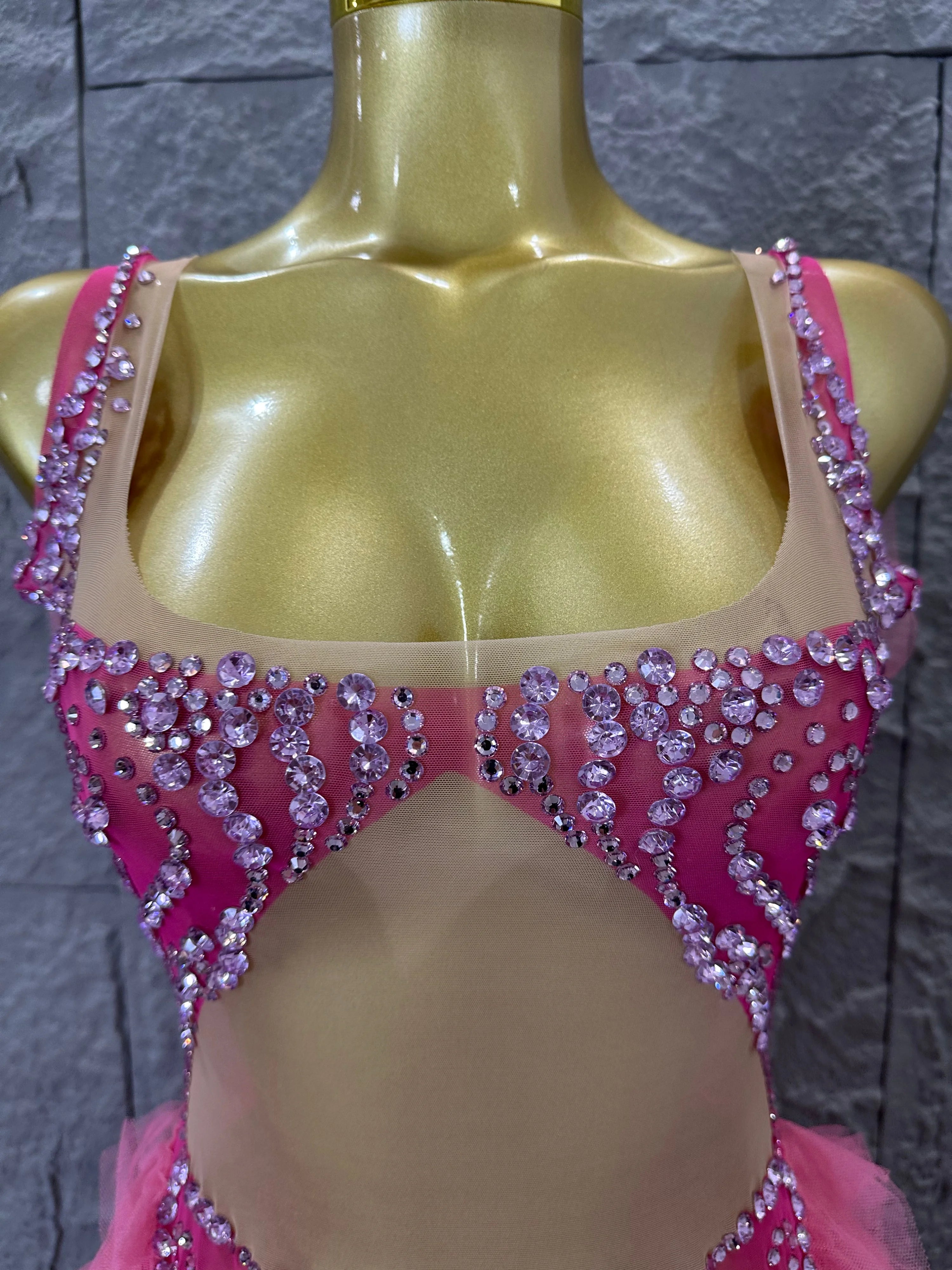 Women Sheer Mesh Rhinestone Ruffle Embellished Latin Dance Performance Costume Elegant Pink Spaghetti Strap Mini Dress