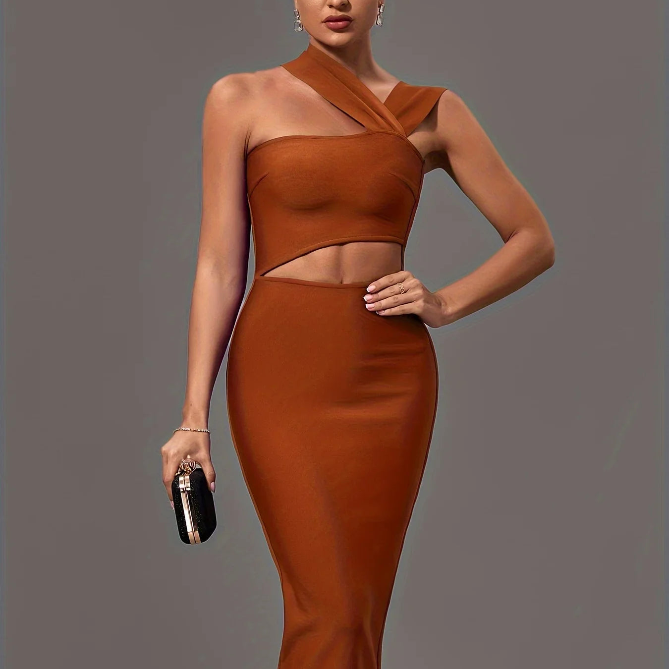 Black Bandage Dress Women Midi Party Dress Bodycon Elegant Halter Neck Sexy Cut Out Birthday Evening Club Outfits Summer Coffee