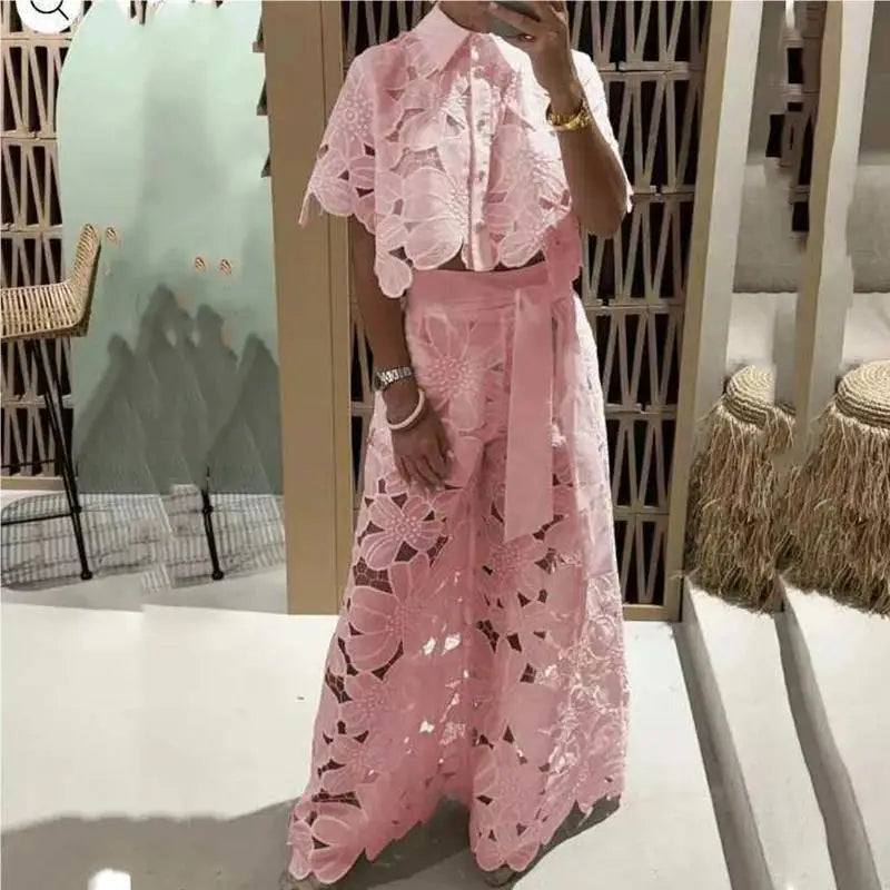 Sexy Women Lace Embroidery Hook Flower Hollow 2 Pieces Summer Temperament Solid Color Tailored Collar Top+Wide Leg Pants Suit A2 Pink