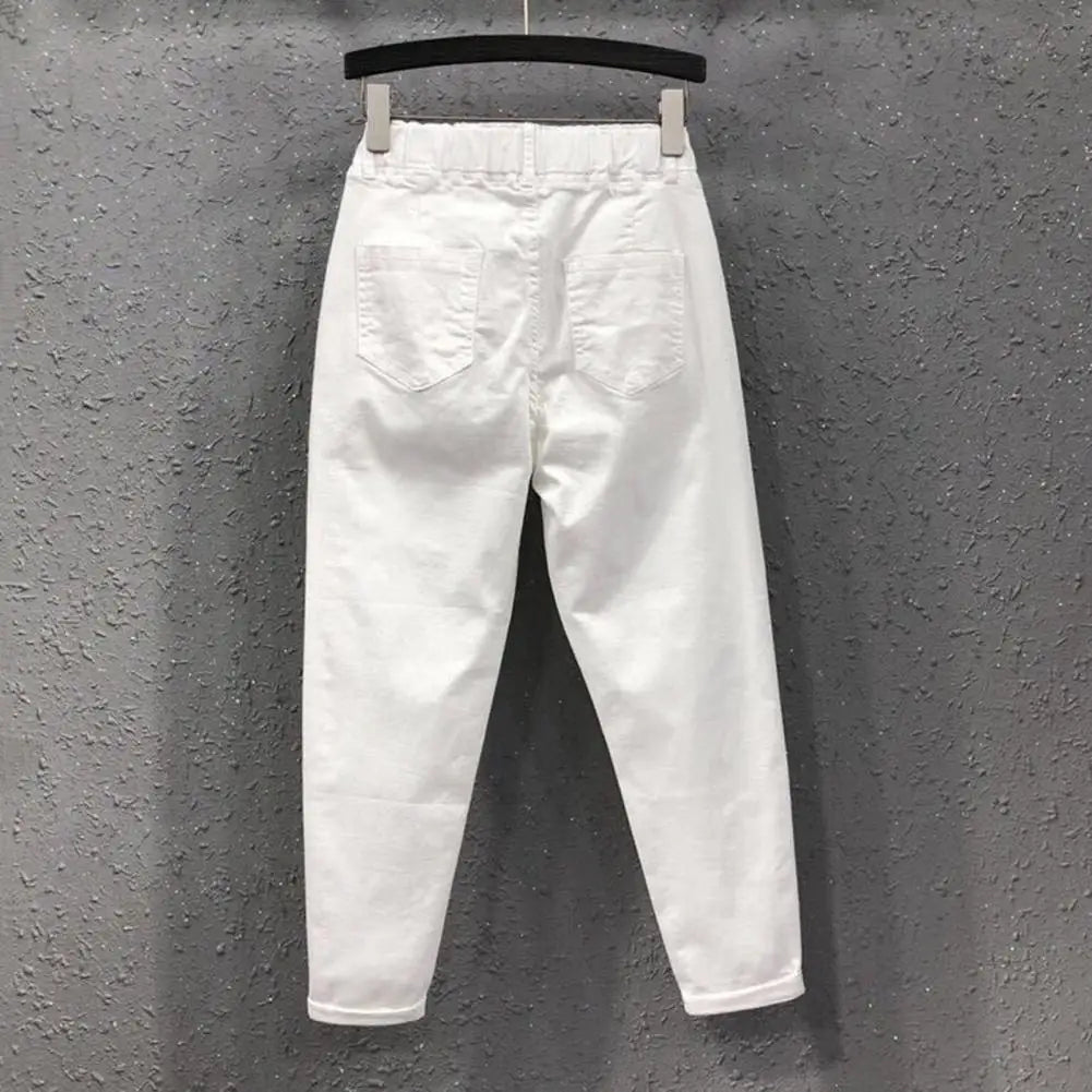 Soft Touch Women Pants Stylish Women's Casual Pants with Elastic Waist Pockets Solid Color Wide Leg Harem for Streetwear