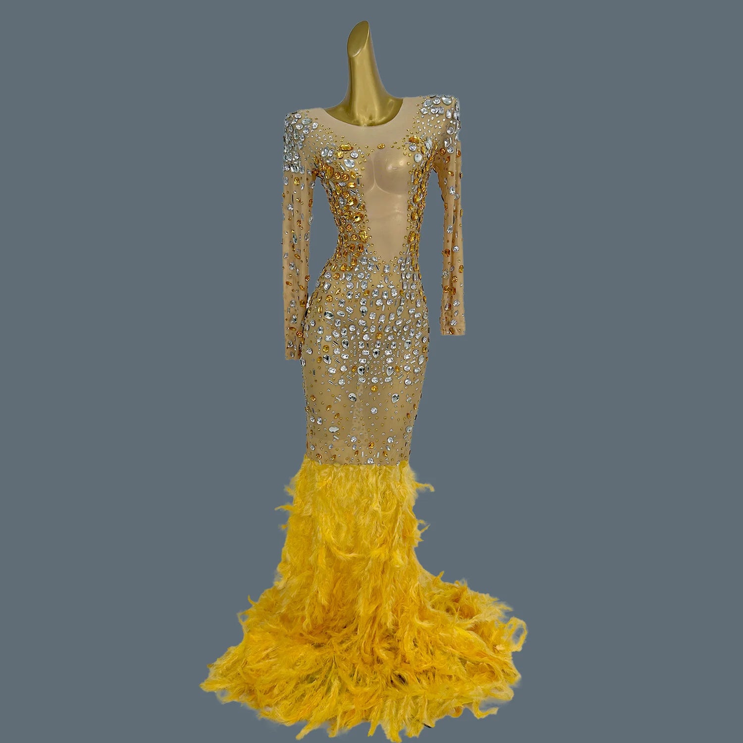 Gorgeous Feather Fishtail Gown for Women Birthday Celebrate Party Photograph Wear Luxury Dinners Sexy Evening Gown Baijinyumao Gold