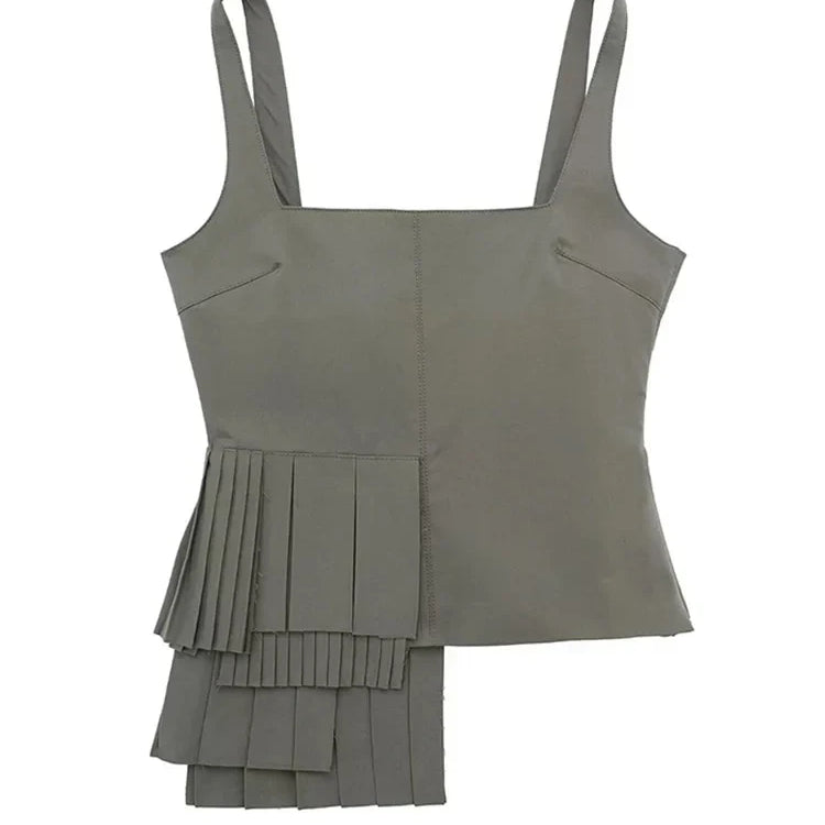 HH TRAF Summer Woman Fashion Asymmetrical Tank Tops Casual Square Neck Slim Fit Sexy Backless Tops Female Chic Pleated Top