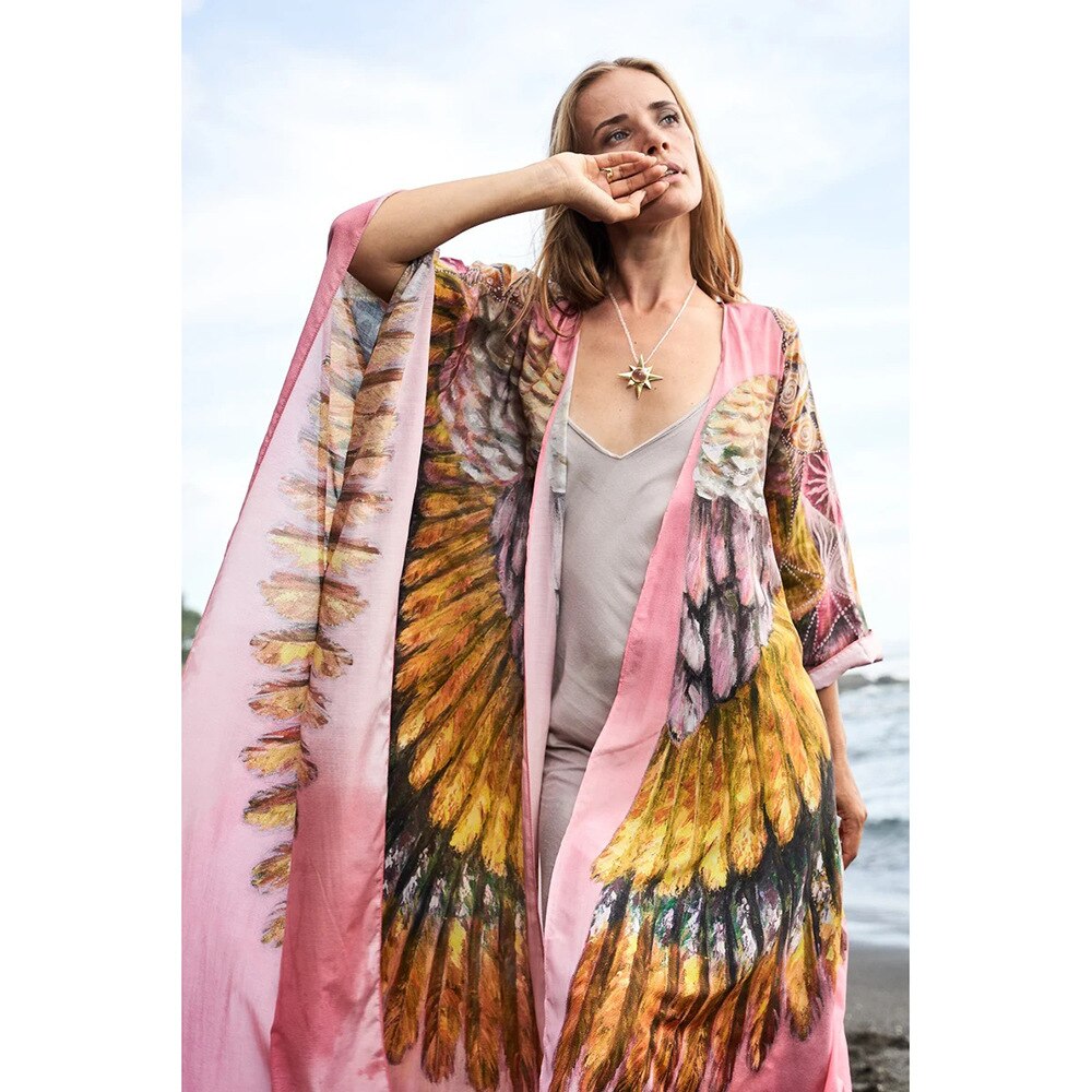 Wings Cover-ups Beach Long Boho Kaftan Dress Kimono Mujer Pareos De Playa XF84 1 One Size