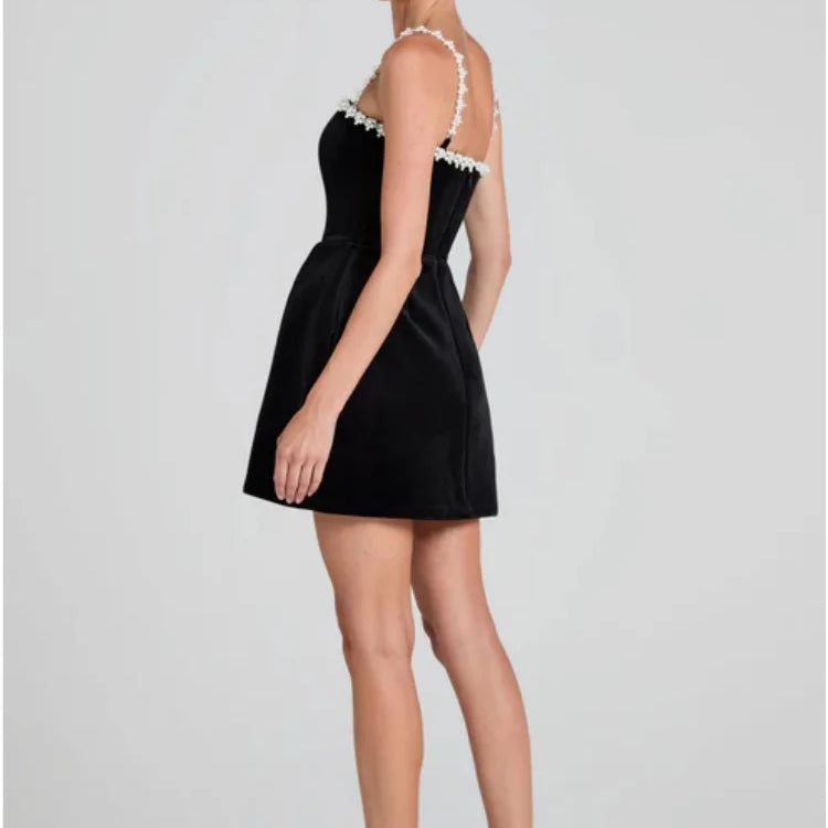 Black Color Women Sexy Strap Square Collar Beading Straight Mini Bandage Dress Elegant Evening Party Red Carpet Outfit