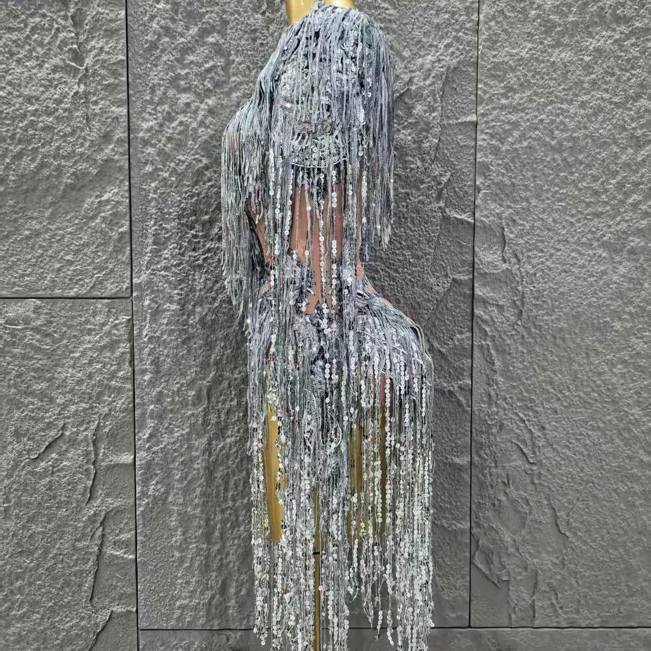 STOCK Women Long Sleeve Sexy V-Neck Bodycon Bodysuit Shinning Sequin Tassel Celebrate Bar Dancer Performance Costume Stage Wear