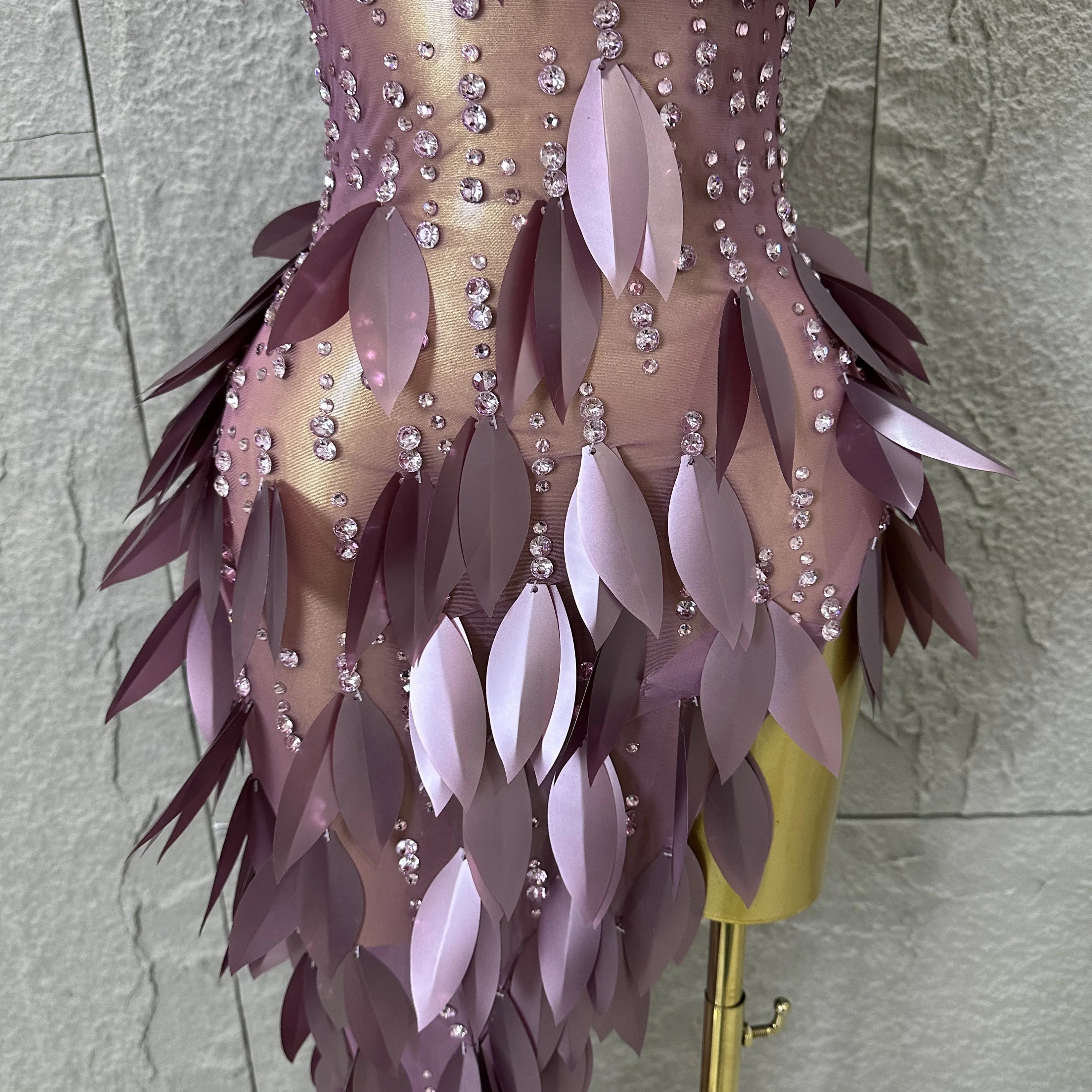 Sparkly 2026 Purple Sheer Mesh Dress Women Sexy Illusion Neck Rhinestone 3D Leaf Fringe Bodycon Evening Gala Nightclub Outfit