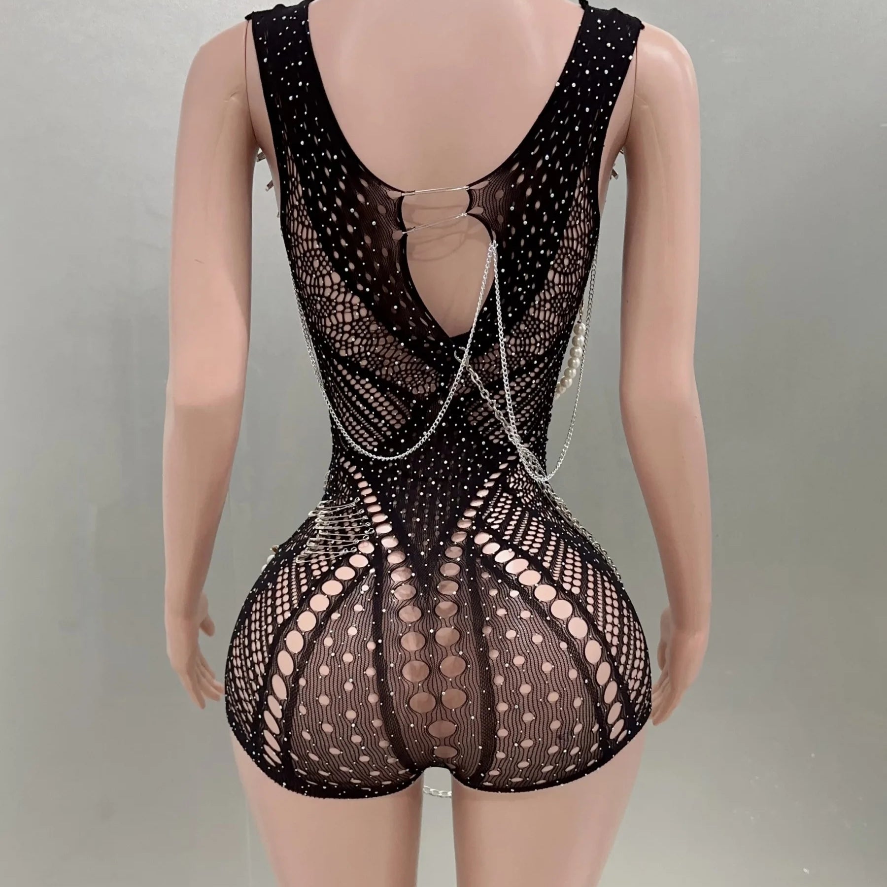 Celebrity Fashion Nightclub Party Birthday Wear Women Sexy Mesh See Through Bodycon Beading Playsuit Performance Costume