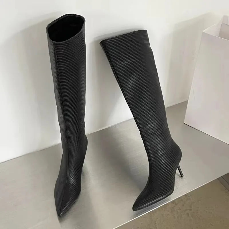 Eilyken Design Pointed Toe Women Knee-High Boots Designer Party Dress Street Long Booties Thin Low Heels Shoes Black