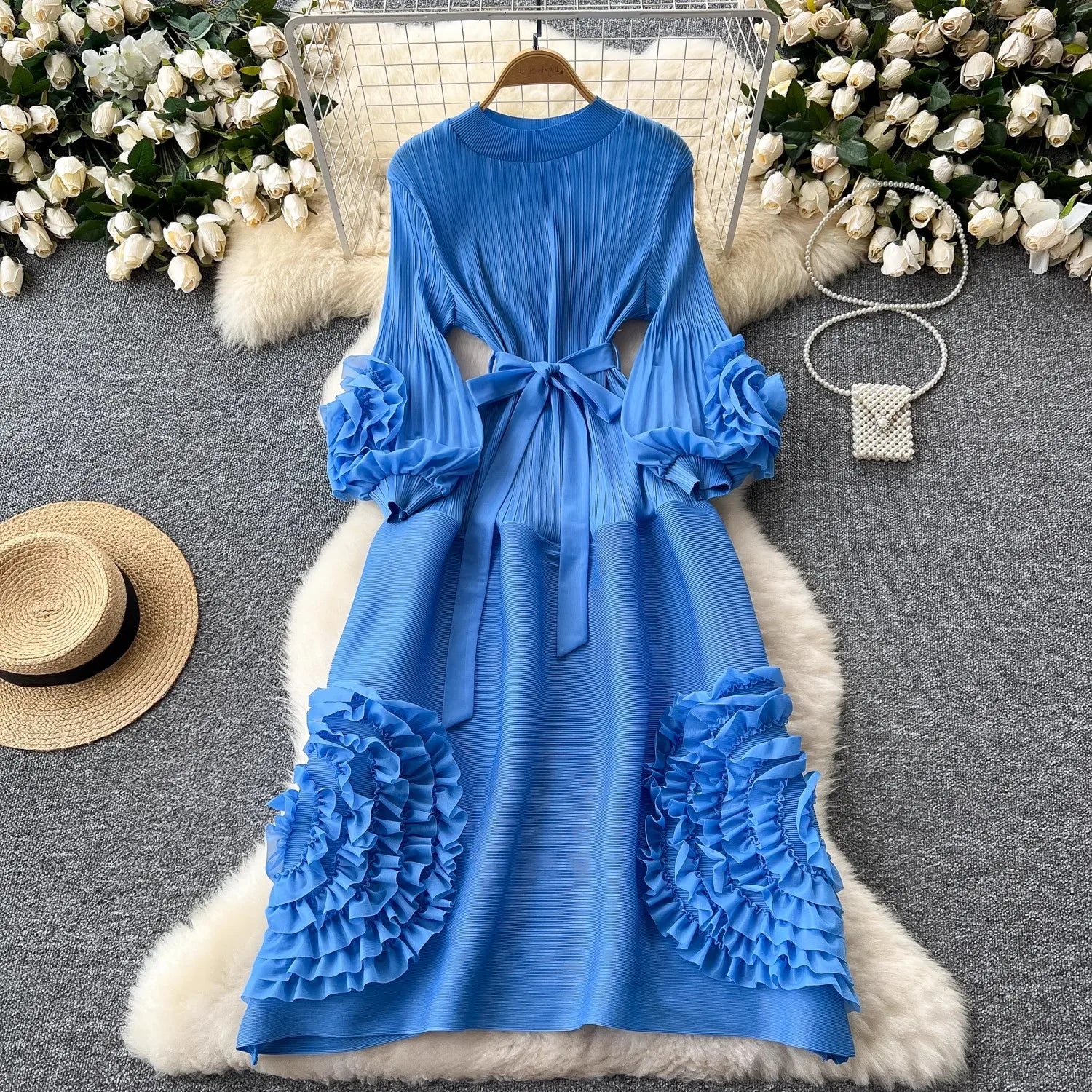 New Miyake High End Tied Up Oversize Pleated Long Robes Turtleneck Bubble Petal Sleeves High Waist Formal Dresses Women Clothing as picture One Size