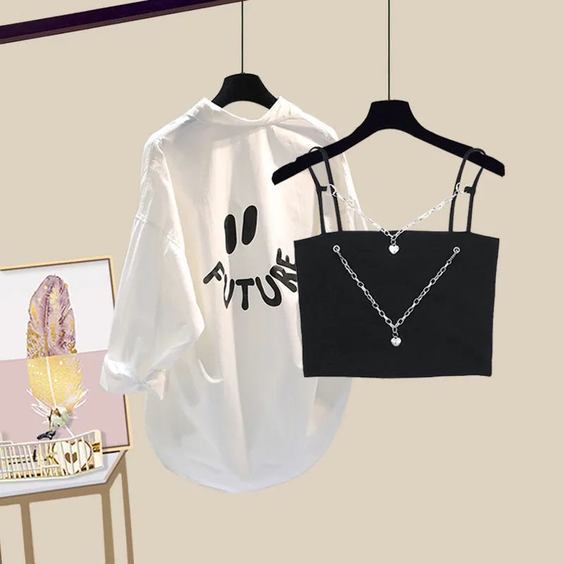 Women Spring Summer Fashion Suit Letter White Shirts Chain Vest Denim Wide Leg Pants 3 Piece Set Lady Casual Streetwear Outfits