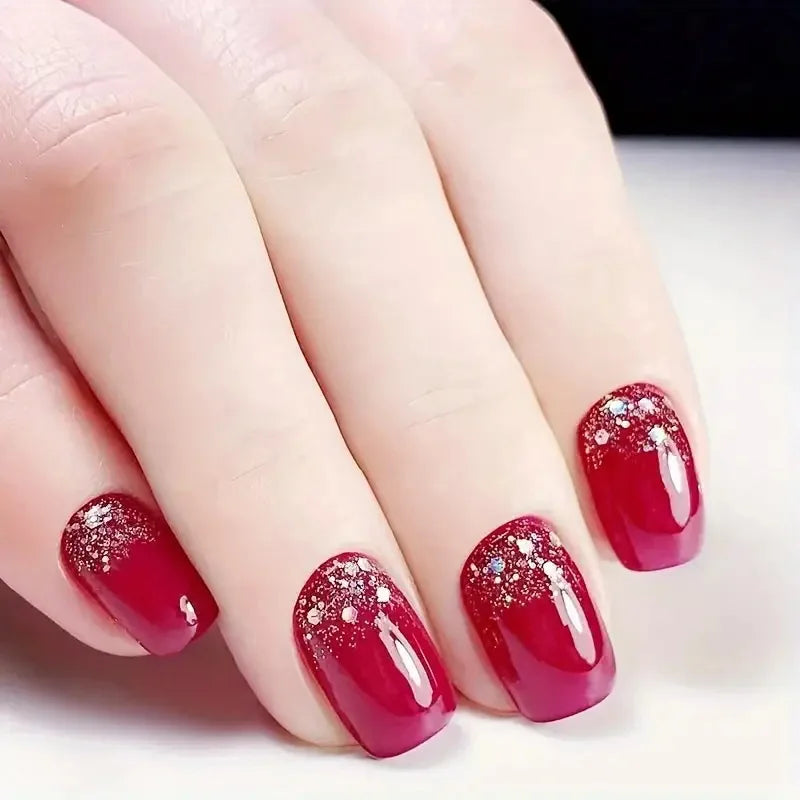 24pcs/set short medium fake nails square ballet tips new year red gradient colors with glitters faux ongles press on false nail 1800