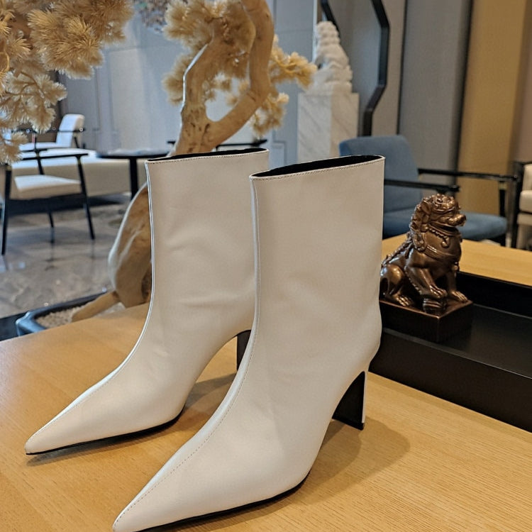 Women's New Pointed Thick Heel Sleeve Knee High Boots Fashion Fashion Show Gold Large Winter Boots 262Short white