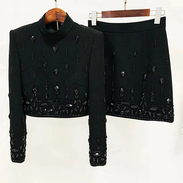 2024 Heavy Industry Nail Bead Inlaid Diamond Short Skirt Set O-neck Long Sleeve Slim Fit Short Top+Nail Bead Skirt Two Piece Set black