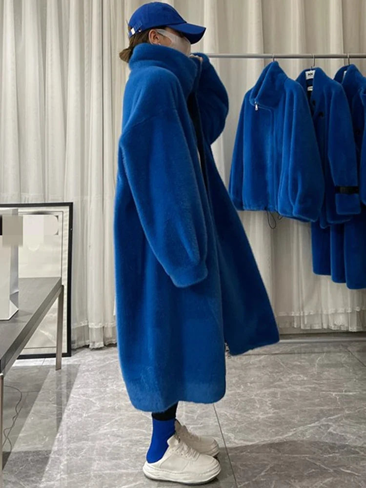 Winter Long Oversized Blue White Black Fluffy Thick Warm Faux Fur Coat Women Zip Up Runway Designer Korean Fashion 2022 Klein blue