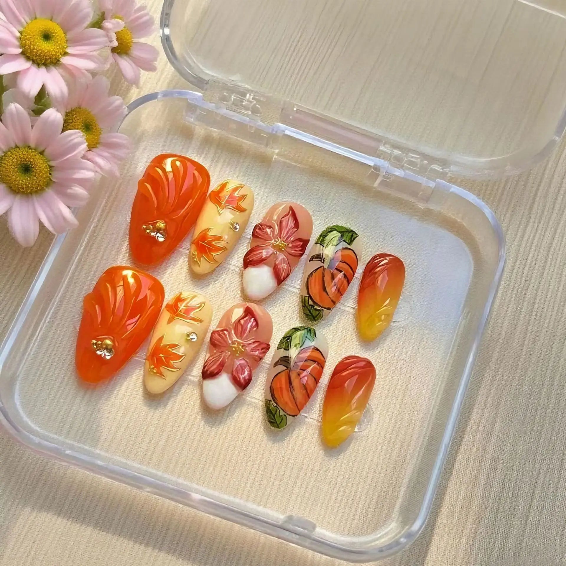 24Pcs Gilded 3D Flower Press on Nails Black French Leopard Print False Nails Mid-length Almond Wearable Full Cover Fake Nail Tip DM-217