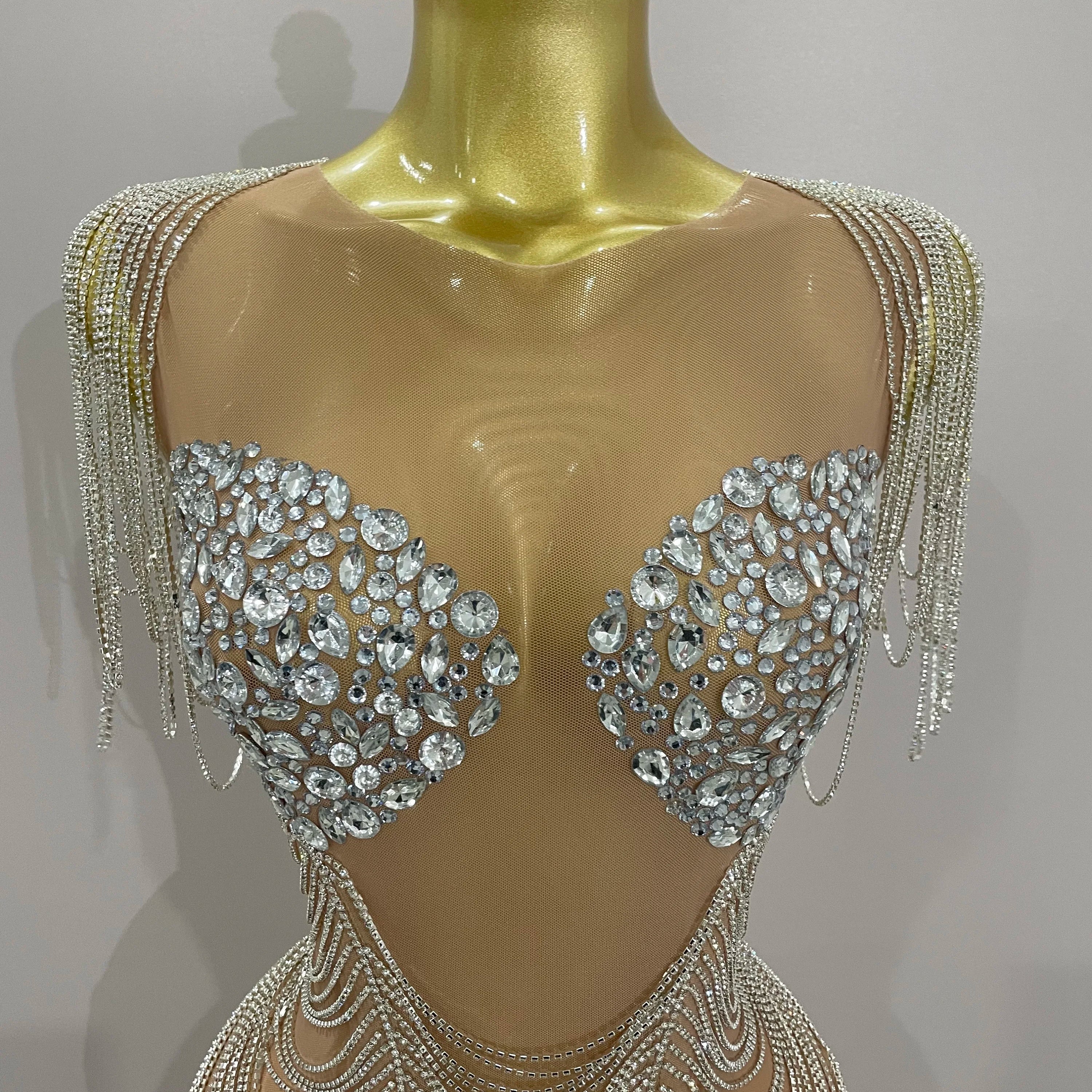 2025 New Sparkly Diamonds Crystal Sexy Mesh See Through Mini Dress Women Birthday Party Club Celebrate Stage Performance Costume