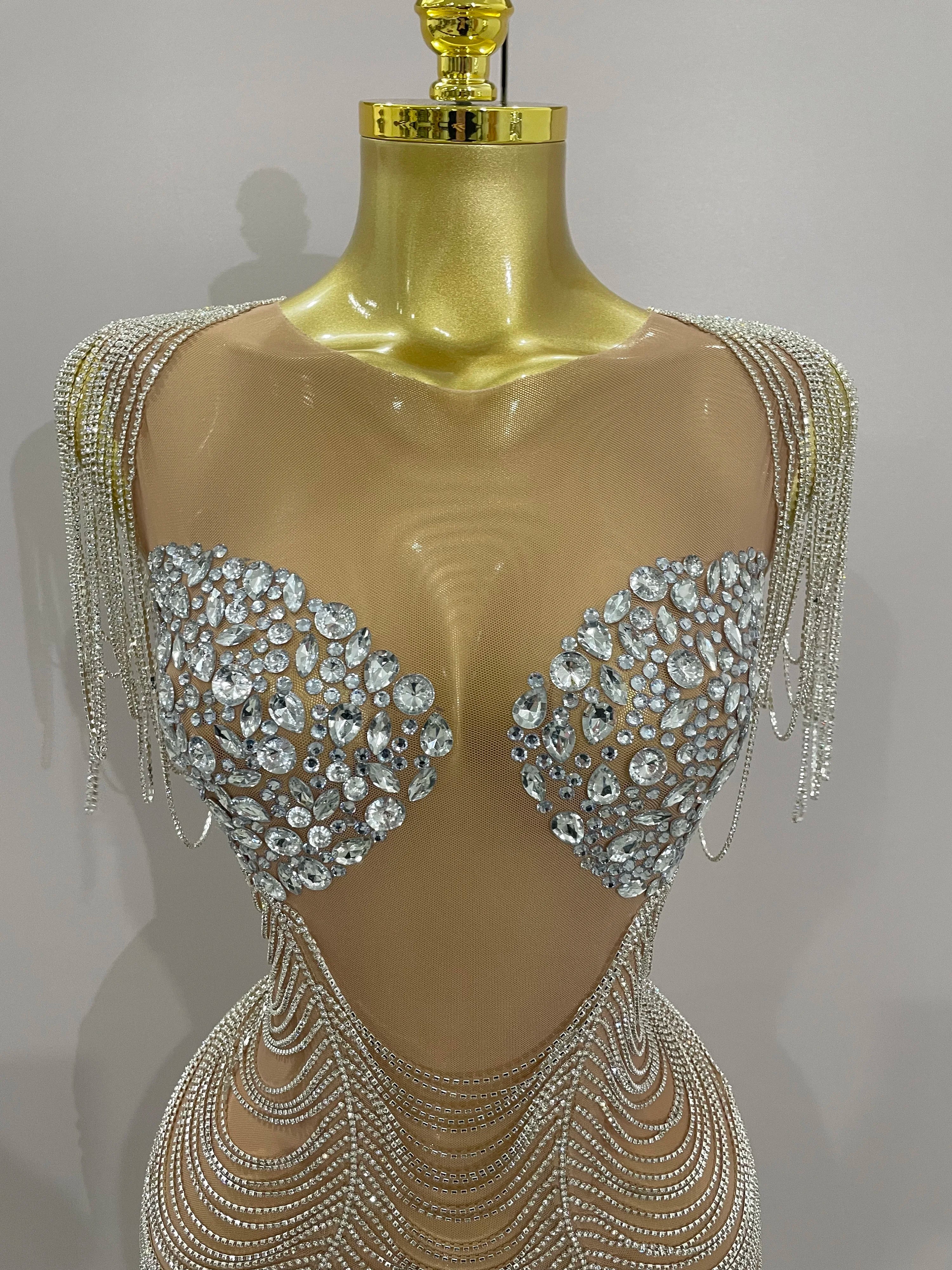 2025 New Sparkly Diamonds Crystal Sexy Mesh See Through Mini Dress Women Birthday Party Club Celebrate Stage Performance Costume