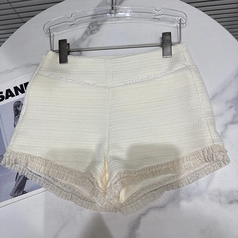 Winter New Sweet Fashion Style Lace Ruffle Hem Woolen Shorts For Women Solid Color Versatile Short Pants 11A07813