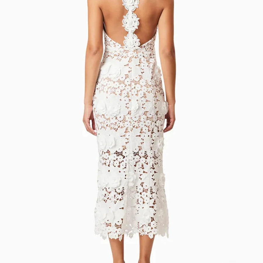 Solid Slimming Hollow Out Dresses for Women Halter Neck Sleeveless Patchwork Appliques Elegant Dress Female Fashion