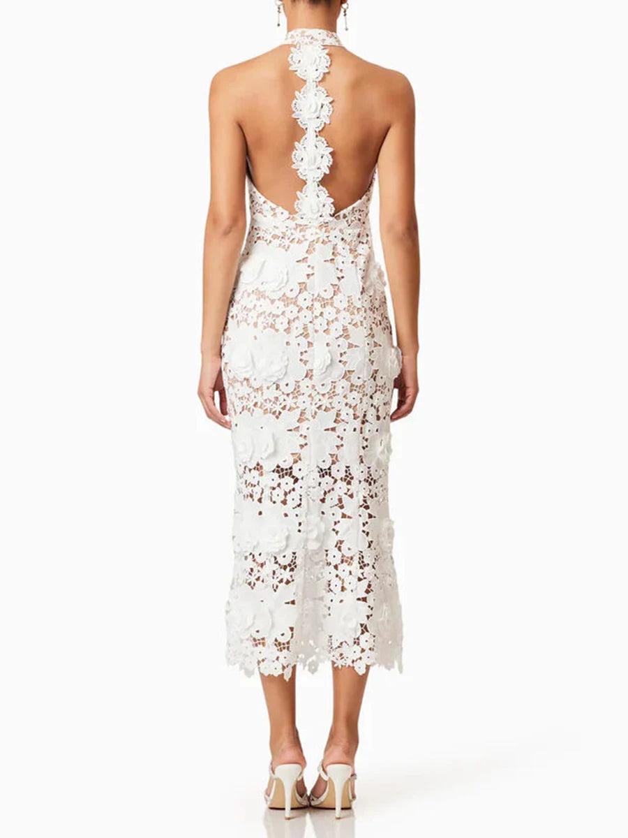 Solid Slimming Hollow Out Dresses for Women Halter Neck Sleeveless Patchwork Appliques Elegant Dress Female Fashion