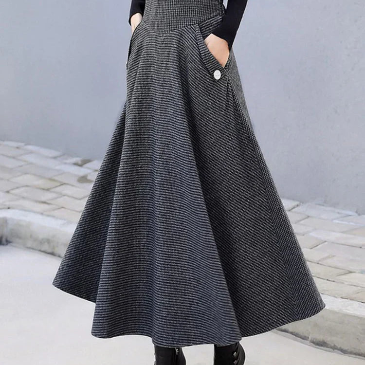 High Waist Vintage Houndstooth Plaid Warm Wool Long Skirt For Women 2023 Elegant Casual Big Swing A-Line Saias Longas Female GRAY
