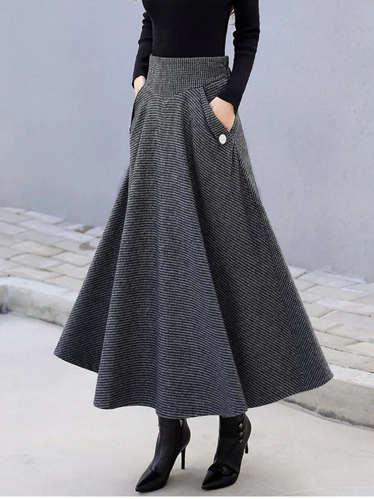 High Waist Vintage Houndstooth Plaid Warm Wool Long Skirt For Women 2023 Elegant Casual Big Swing A-Line Saias Longas Female GRAY