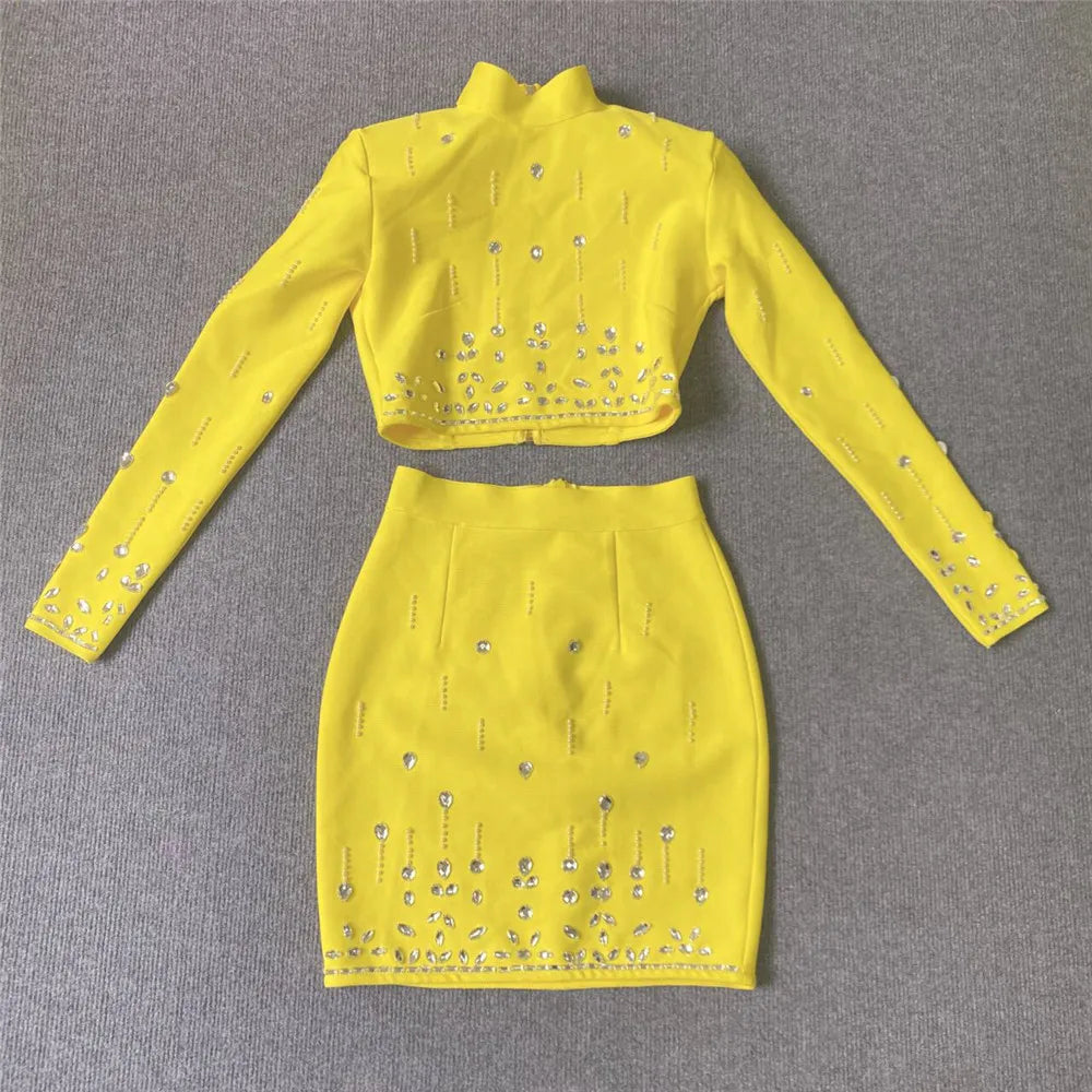 2025 Women's Wear Heavy Industry Beaded Design Mini Skirt Sets Standing Neck Long sleeved Short Top+Short Skirt Two piece Set Yellow