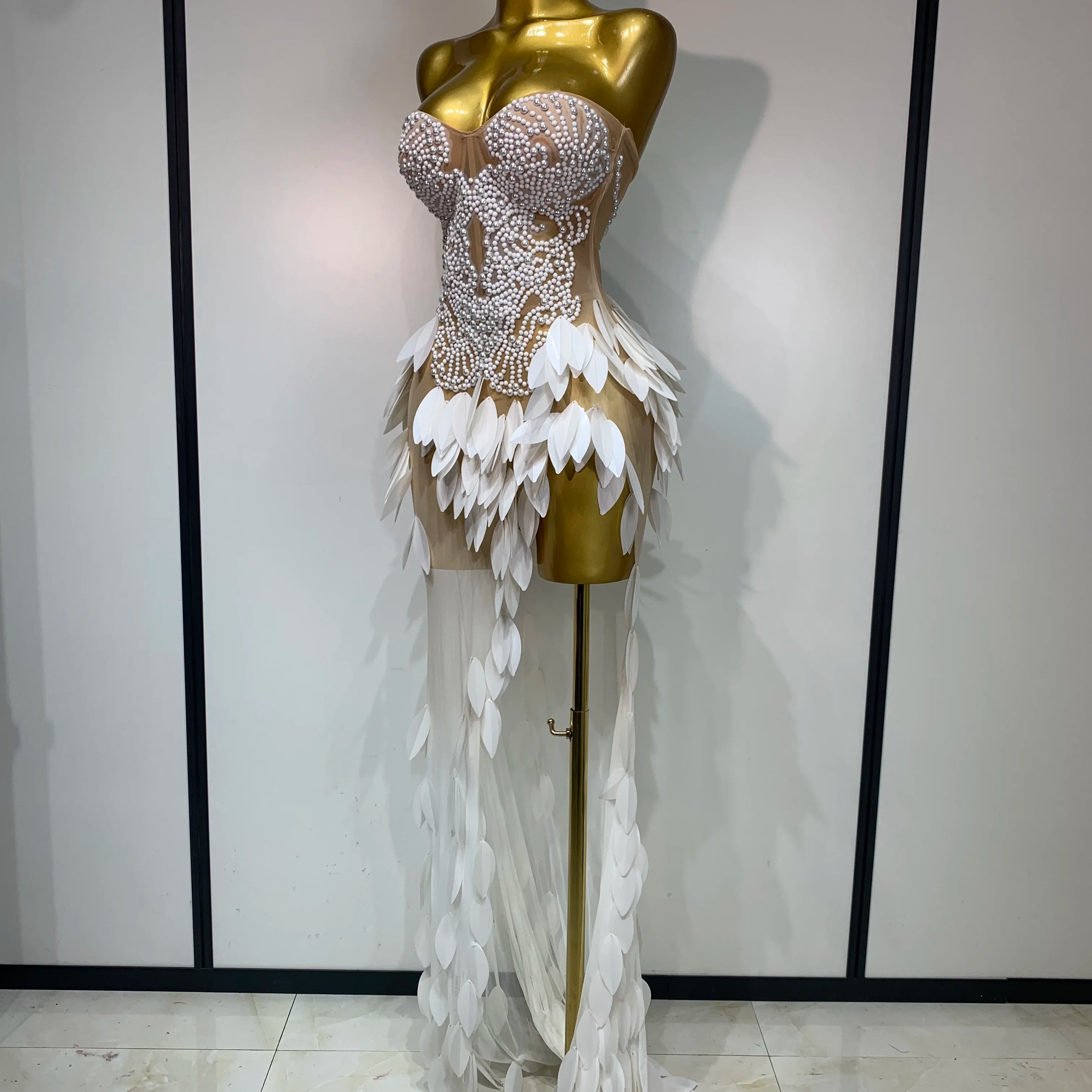 Elegant Pearl Dress Sexy Transparent Mesh Maxi Long Dresses Women Evening Party Wedding Gown Red Carpet Celebrity Stage Outfit