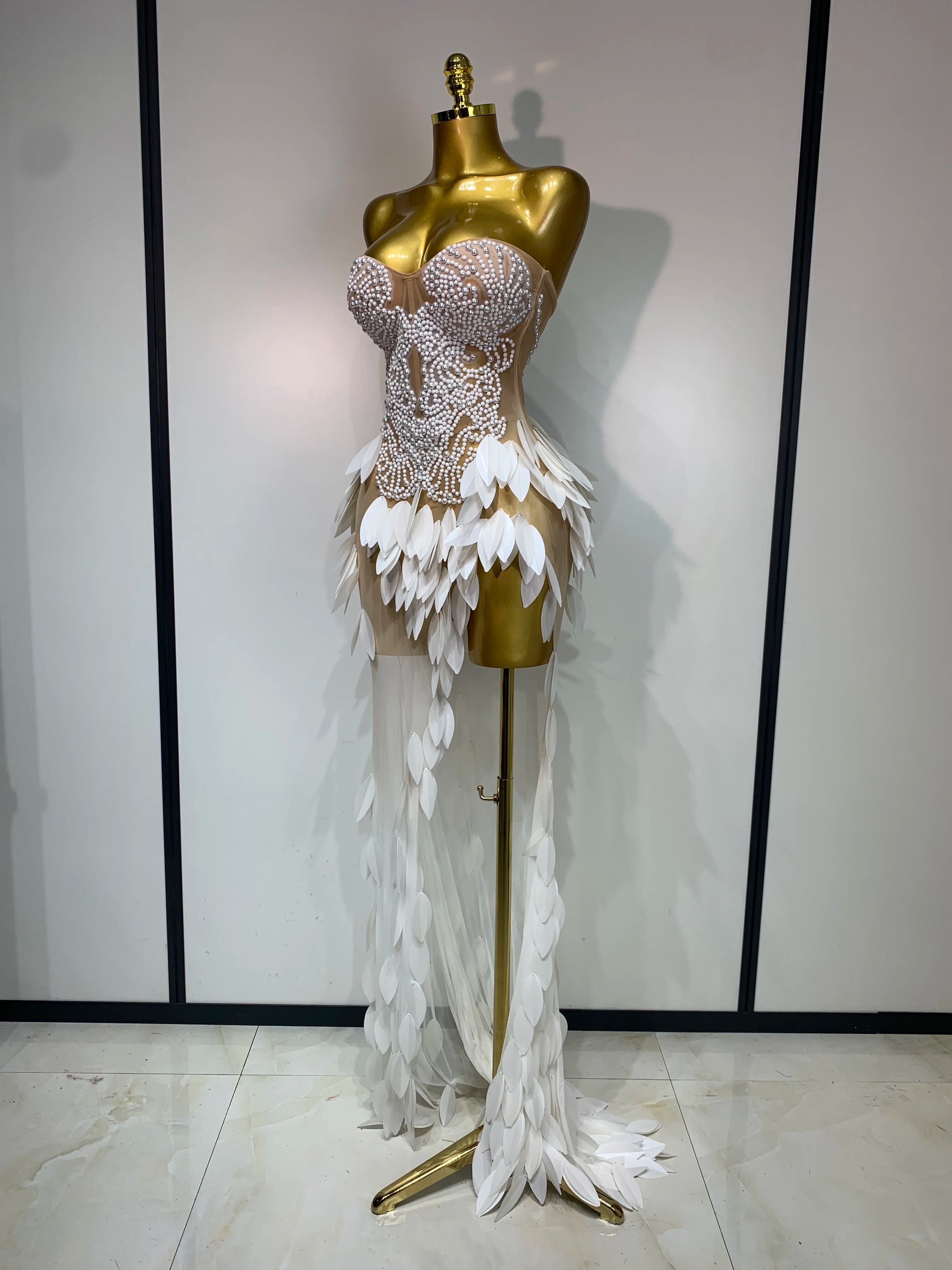 Elegant Pearl Dress Sexy Transparent Mesh Maxi Long Dresses Women Evening Party Wedding Gown Red Carpet Celebrity Stage Outfit