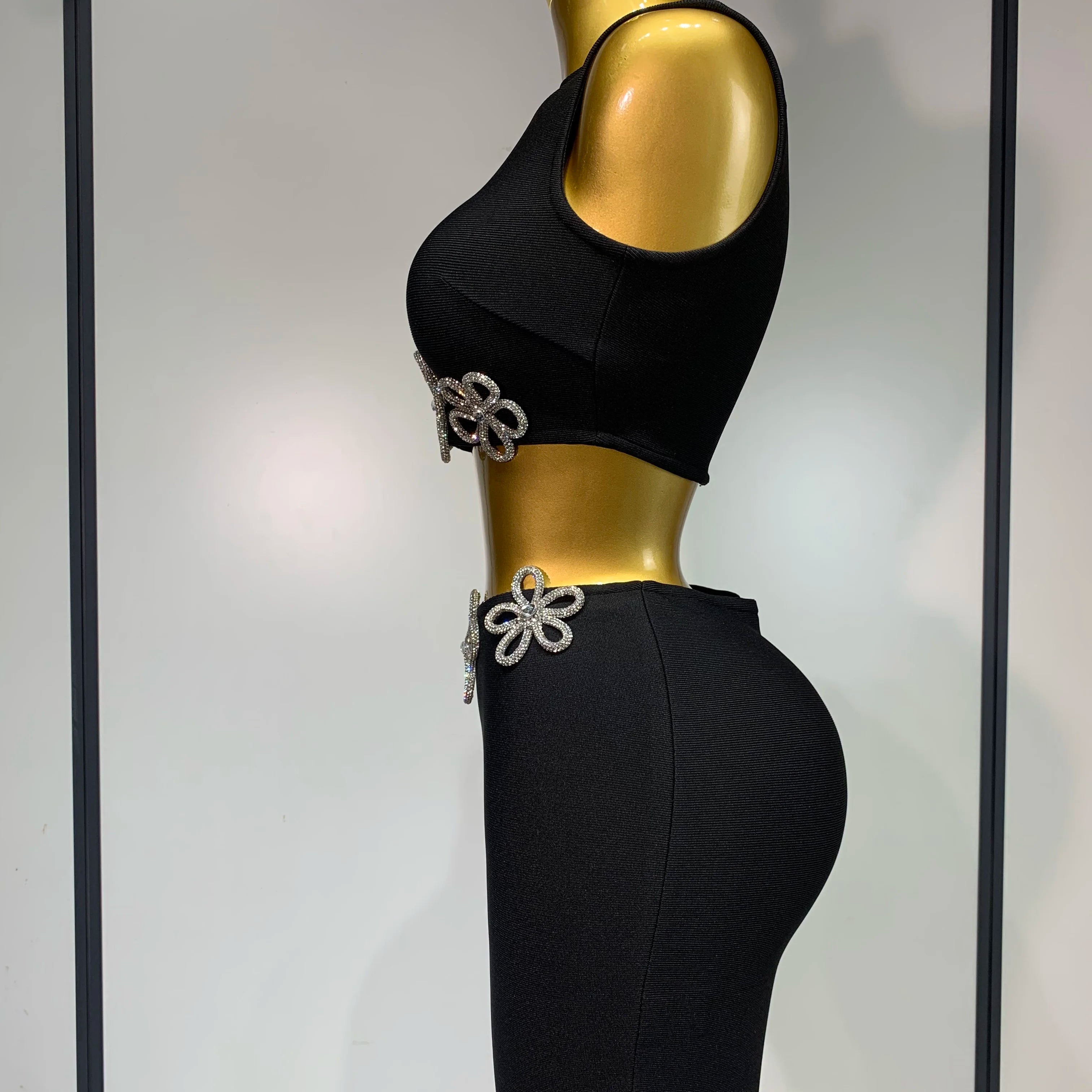 Women Celebrity Sexy Crytal Flower Black Mini Bandage Skirt Suit 2025 Knitted Elegant Evening Club Birthday Party Two Pieces Set