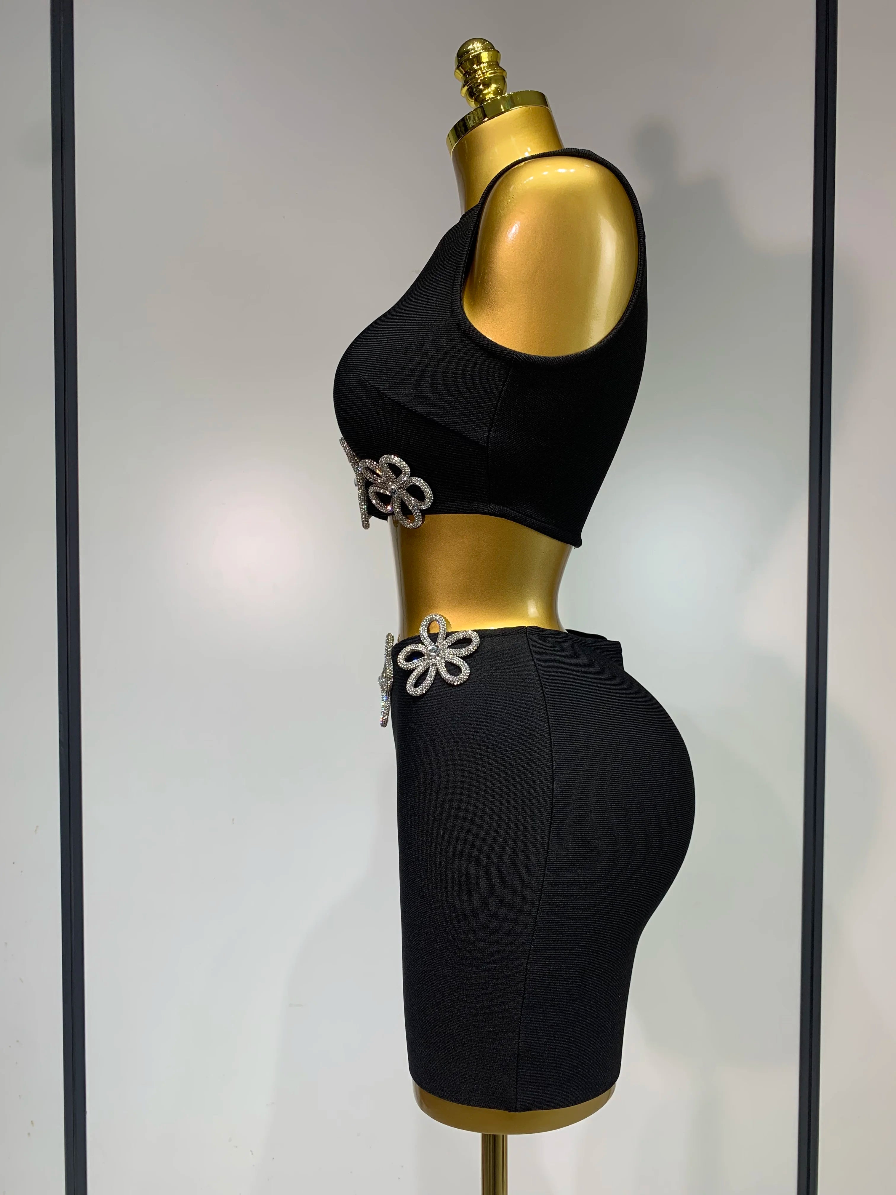 Women Celebrity Sexy Crytal Flower Black Mini Bandage Skirt Suit 2025 Knitted Elegant Evening Club Birthday Party Two Pieces Set