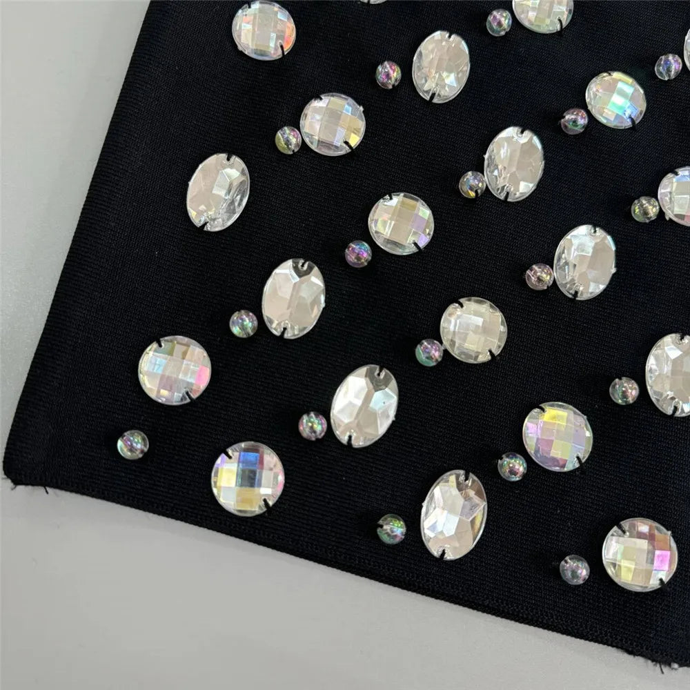 2025 Spring Sexy Women's Light Luxury Nail Bead Bandage Dress Strapless Sleeveless Bodycon Bareback Mini Dresses Party Vestidos