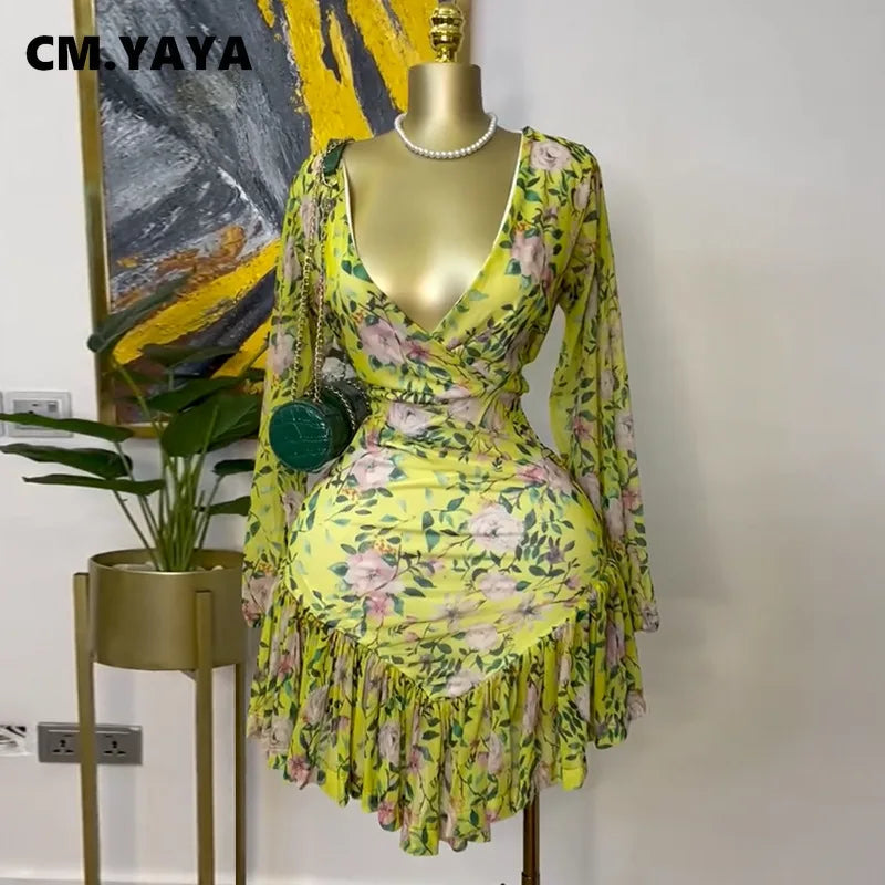 CM.YAYA Women Floral Printed Long Sleeve V-neck Ruffles Mini Dress 2025 Beach Evening Sexy Beach Party Birthday Street Dresses