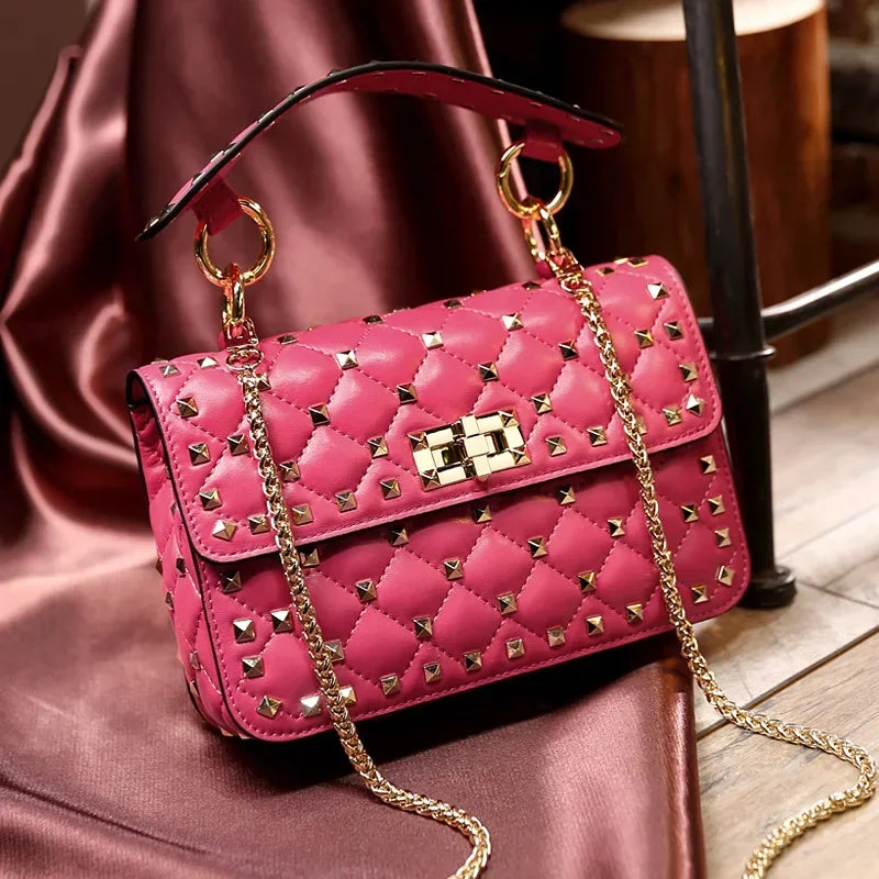 Fashion Women Sheepskin Leather Rivet Handbags Chain Bag Designer Shoulder Bags Luxury Woman Messenger Bags plum purple 23CMx8CMx16CM