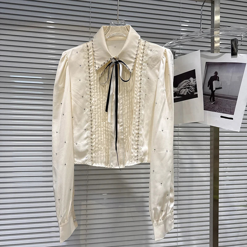 Winter New Fashion Lace-up Bowknot Rhinestone Heavy Industry Long-sleeve Shirt For Women Versatile Blouse 11A07822