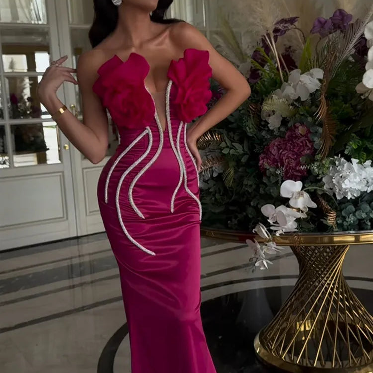 Women Celebrity Sexy Strapless Backless Beading Diamonds Pink Maxi Long Bandage Dress Elegant Evening Club Party Dress